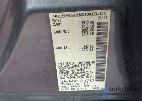 2015 Nissan Altima 2.5 Sl z USA, uszkodzony, nr VIN 1N4AL3AP1FC114787